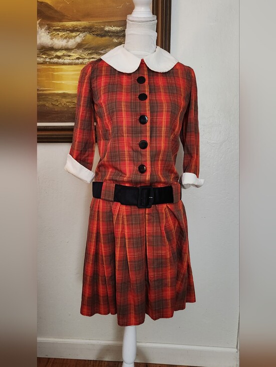 Vintage Dresses & Skirts - Vintage 1960s Red Plaid Drop Waist Button Front Belted Pleated Dress